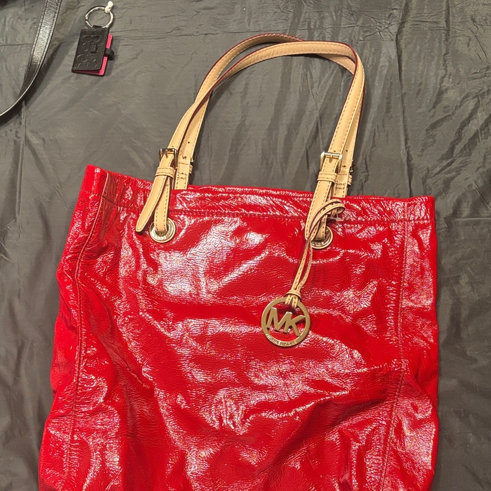 Michael Kors Shiny Red Tote with Tan Straps